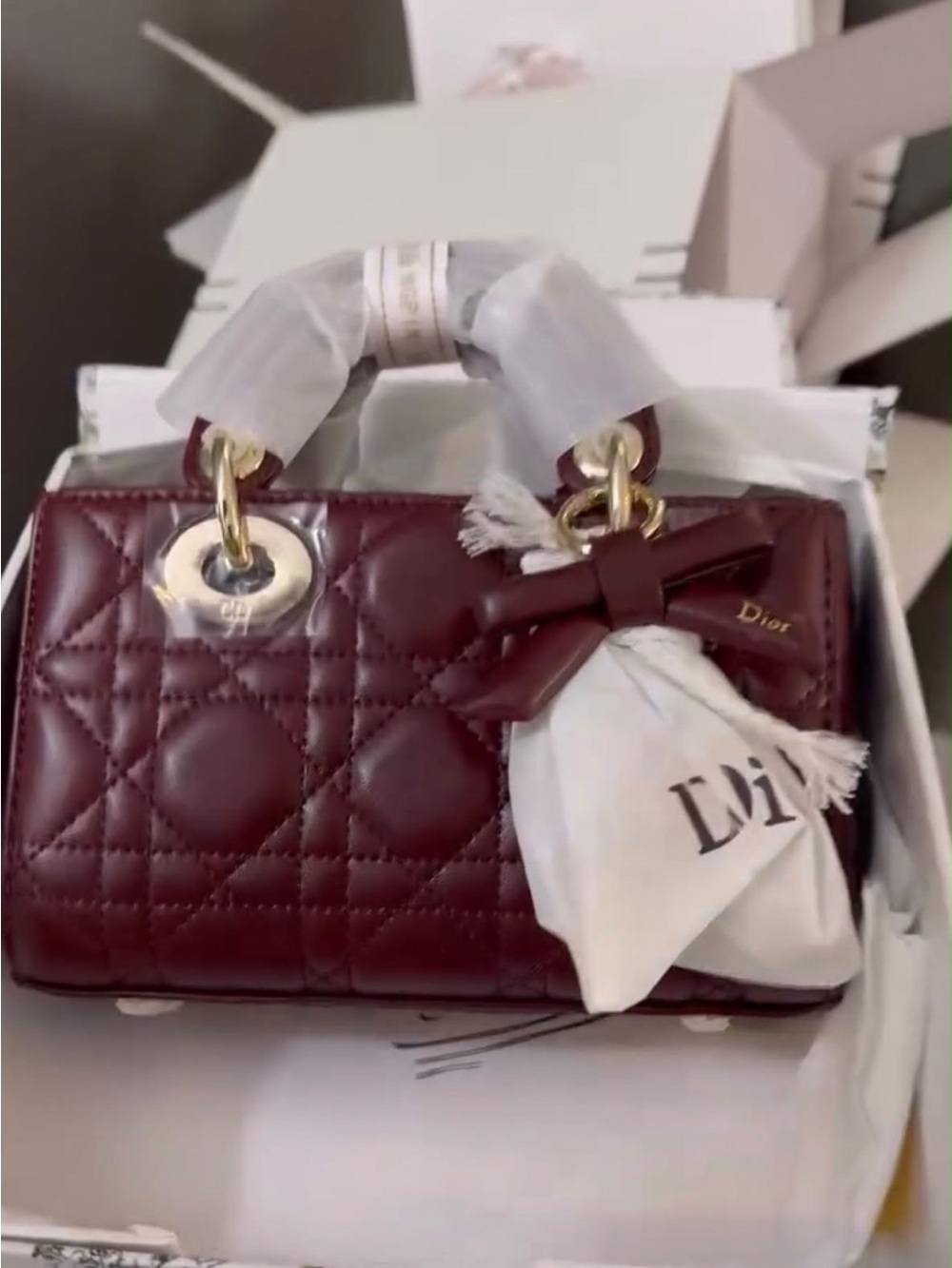 Dior Burgundy Quilted Mini Top-Handle Bag with Bow